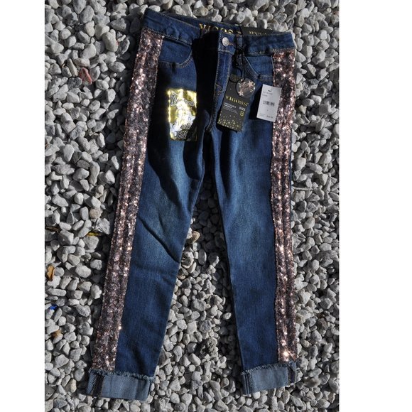 Girls' Skinny Jeans, Adjustable Girls Stretch Denim Sequin-Stripe Design Size 10 - Picture 1 of 5
